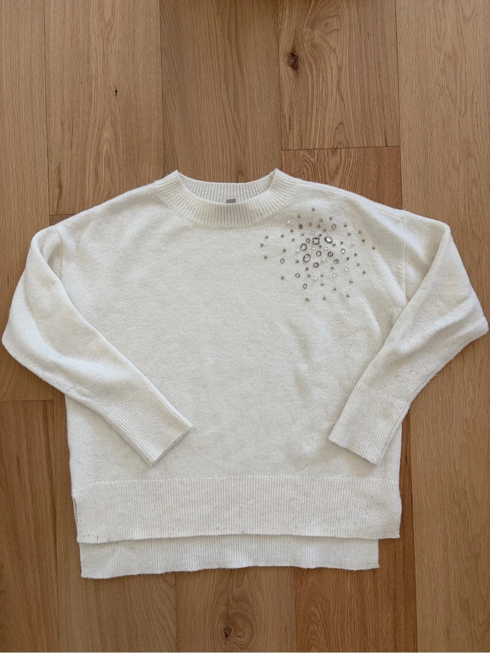LOFT Cream Crewneck Sweater with Rhinestone Accent